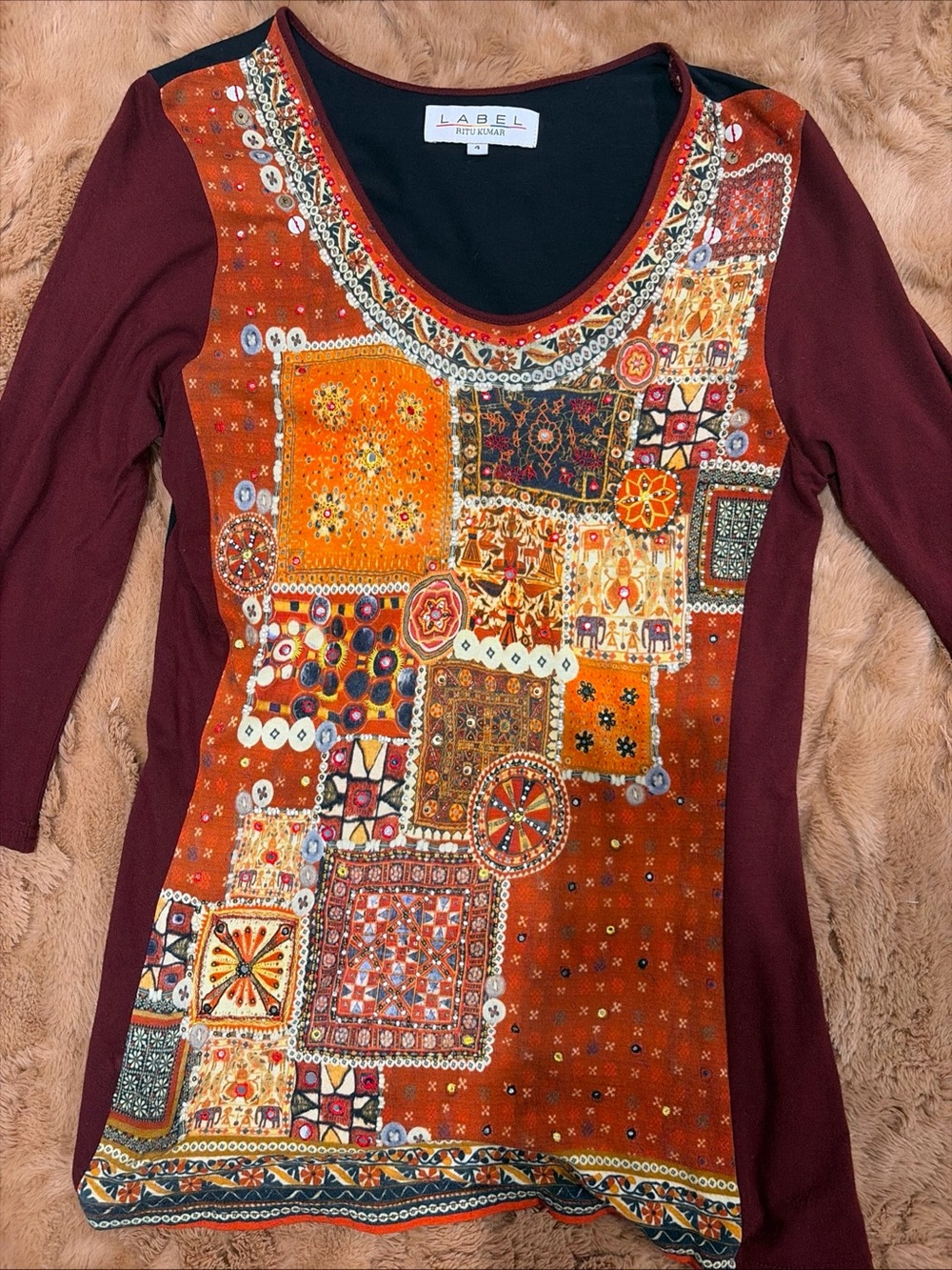 Ritu Kumar  Beaded Patchwork Top Wearable Art Pearls animal Burgundy Rust
